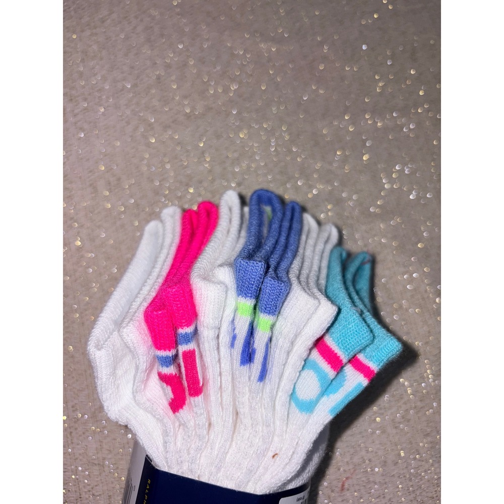 Polo Ralph Lauren Low Cut Socks Womens One Size White New 6 Pair Neon Pony
